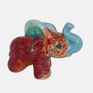 Vintage Handpainted Ceramic Elephant Figurine Whimsical Blue Orange Color 5"